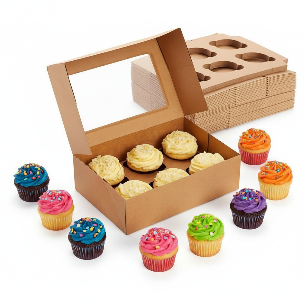 Brown Kraft Cupcake Boxes with Window | Khaana Packaging