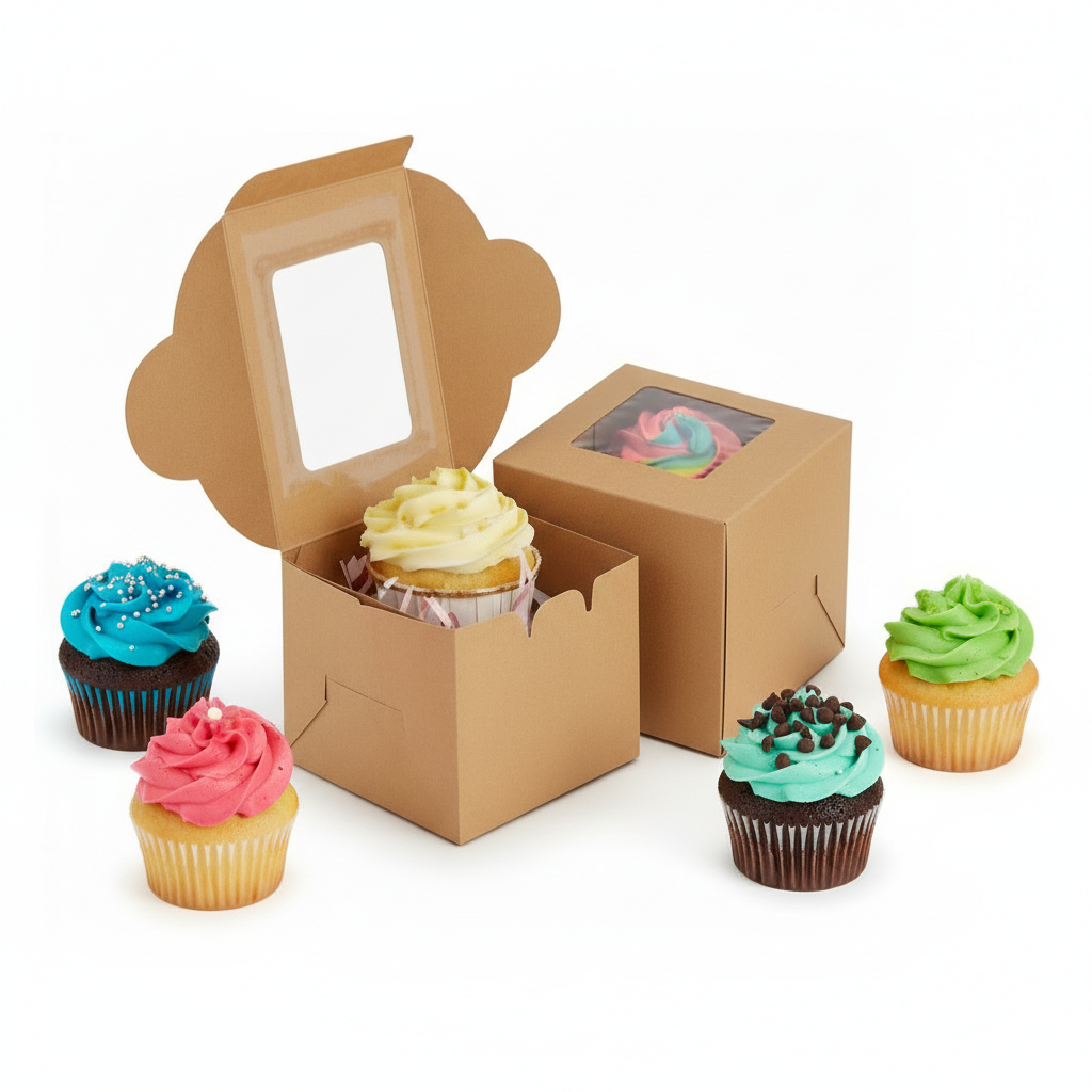Brown Kraft Cupcake Boxes with Window | Khaana Packaging