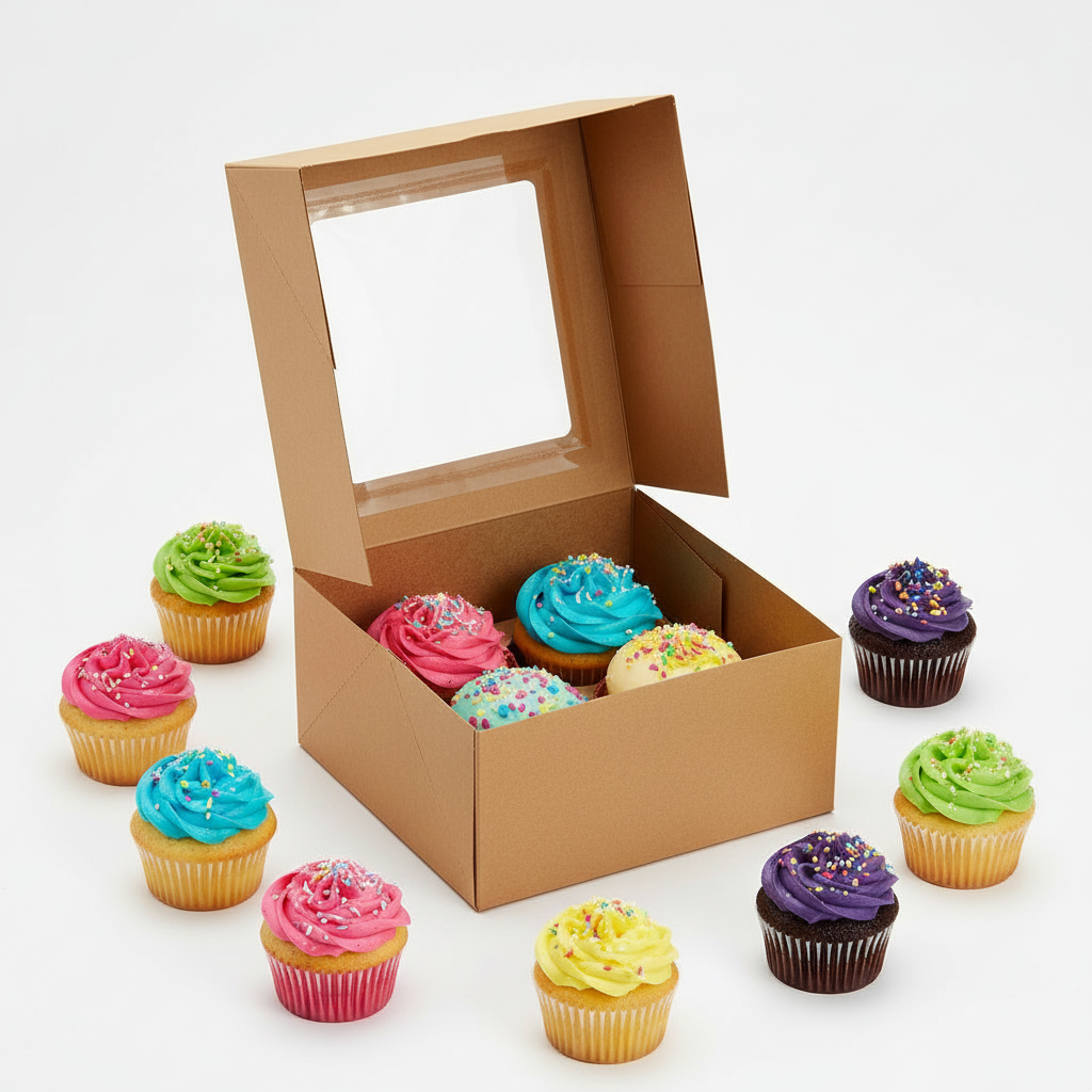 Brown Kraft Cupcake Boxes with Window | Khaana Packaging