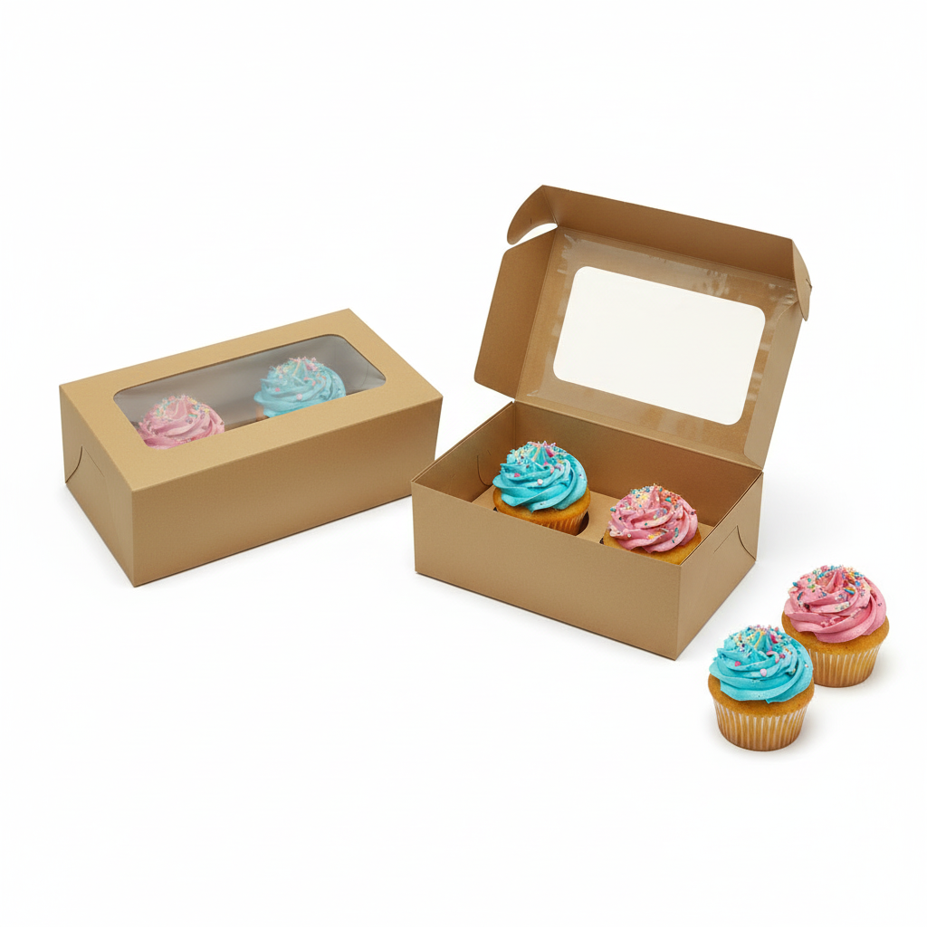 Brown Kraft Cupcake Boxes with Window | Khaana Packaging