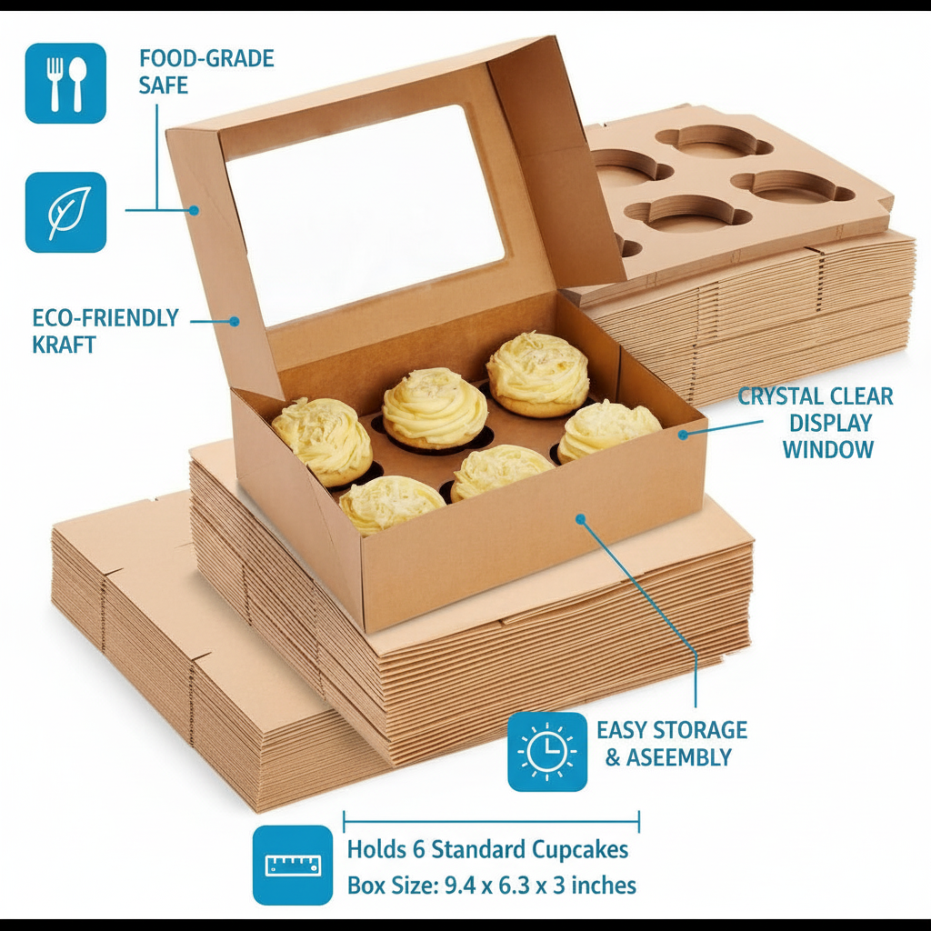 Brown Kraft Cupcake Boxes with Window | Khaana Packaging