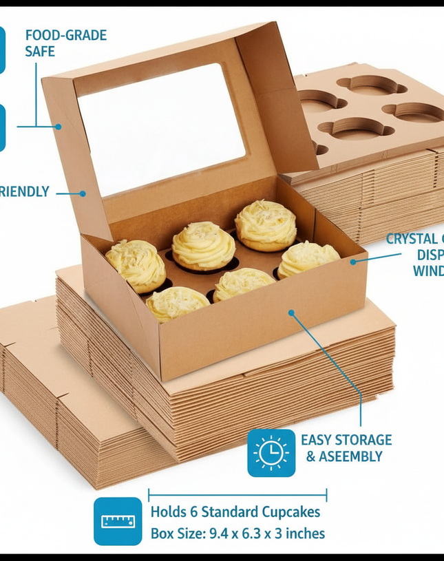 Brown Kraft Cupcake Boxes with Window | Khaana Packaging
