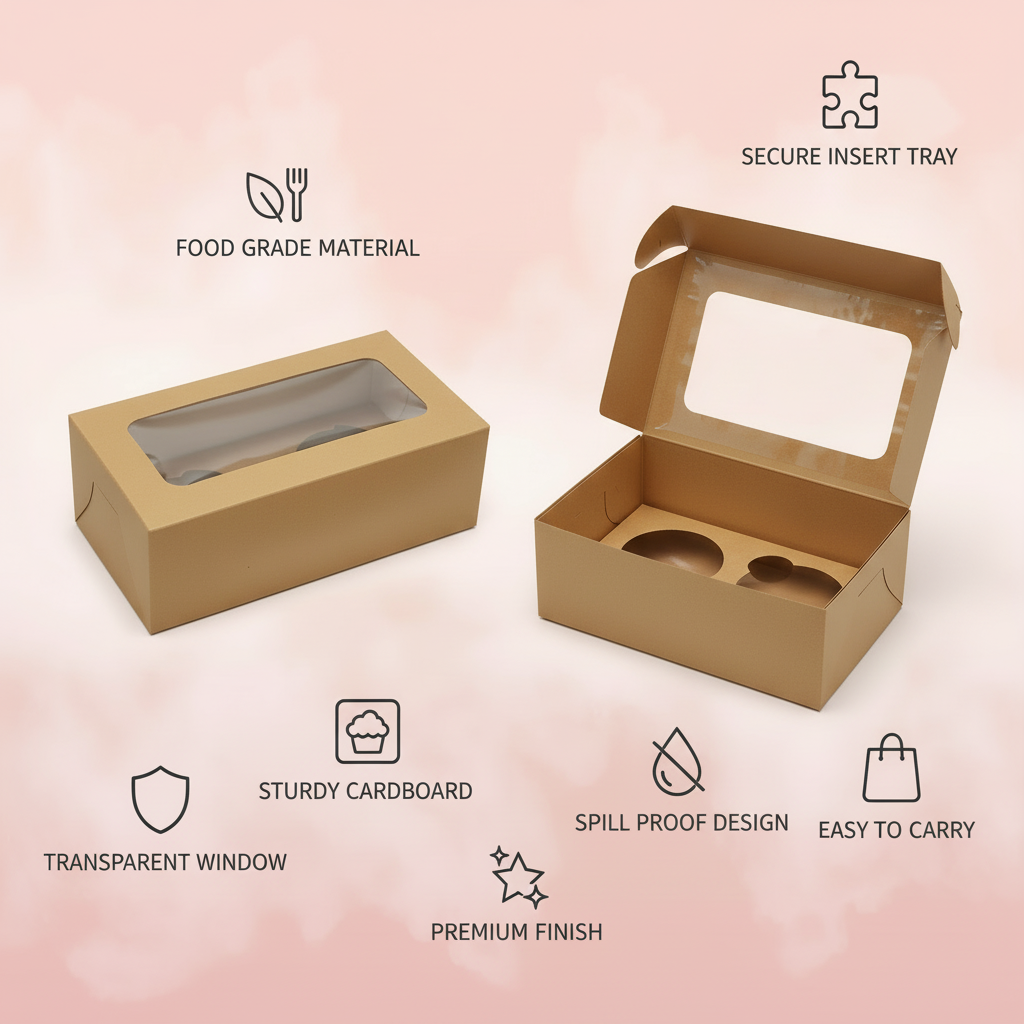 Brown Kraft Cupcake Boxes with Window | Khaana Packaging