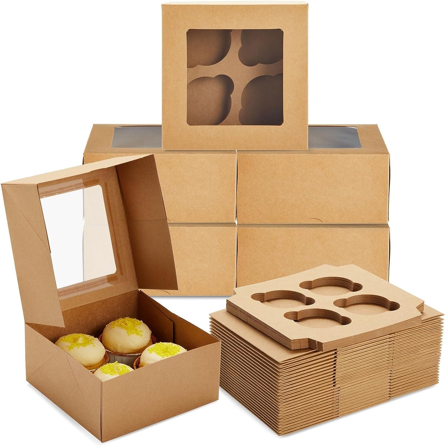Brown Kraft Cupcake Boxes with Window | Khaana Packaging