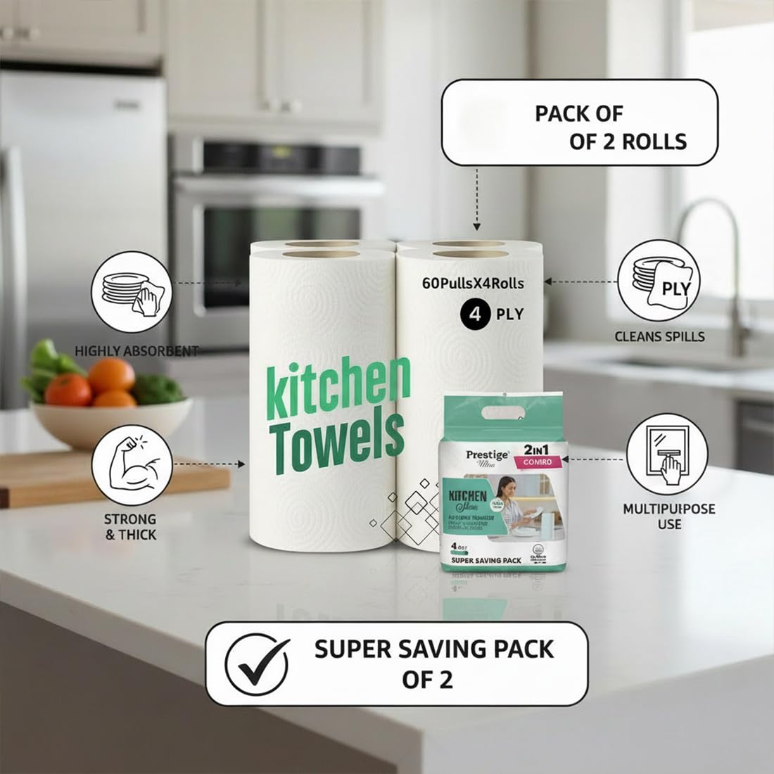 4 Ply Kitchen Tissue Rolls by Khaana Packaging – 120 Pulls (60 Towels x 2 Rolls)