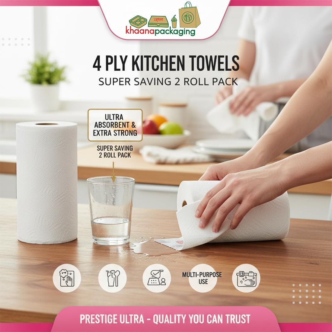4 Ply Kitchen Tissue Rolls by Khaana Packaging – 120 Pulls (60 Towels x 2 Rolls)