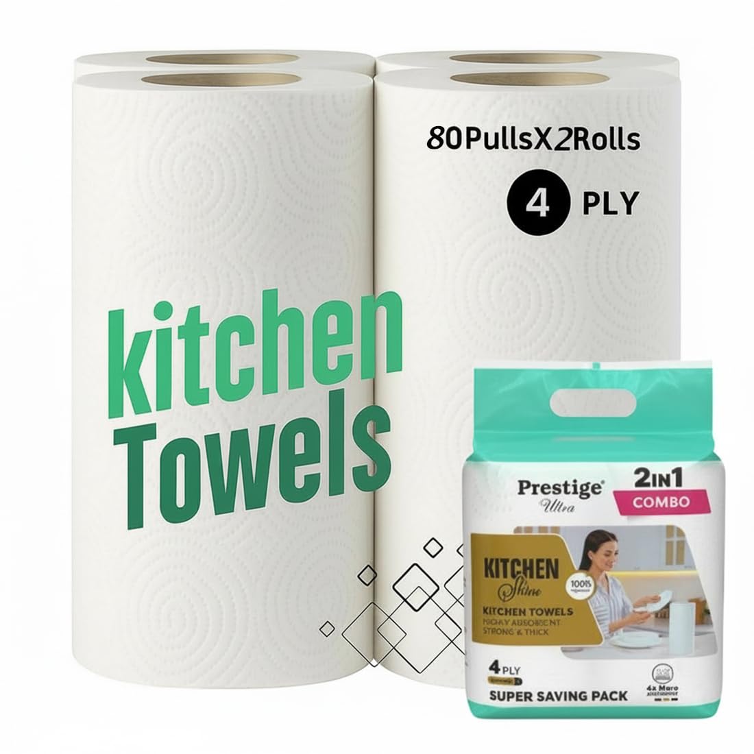 4 Ply Kitchen Tissue Rolls by Khaana Packaging – 120 Pulls (60 Towels x 2 Rolls)