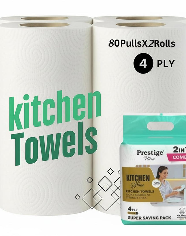 4 Ply Kitchen Tissue Rolls by Khaana Packaging – 120 Pulls (60 Towels x 2 Rolls)