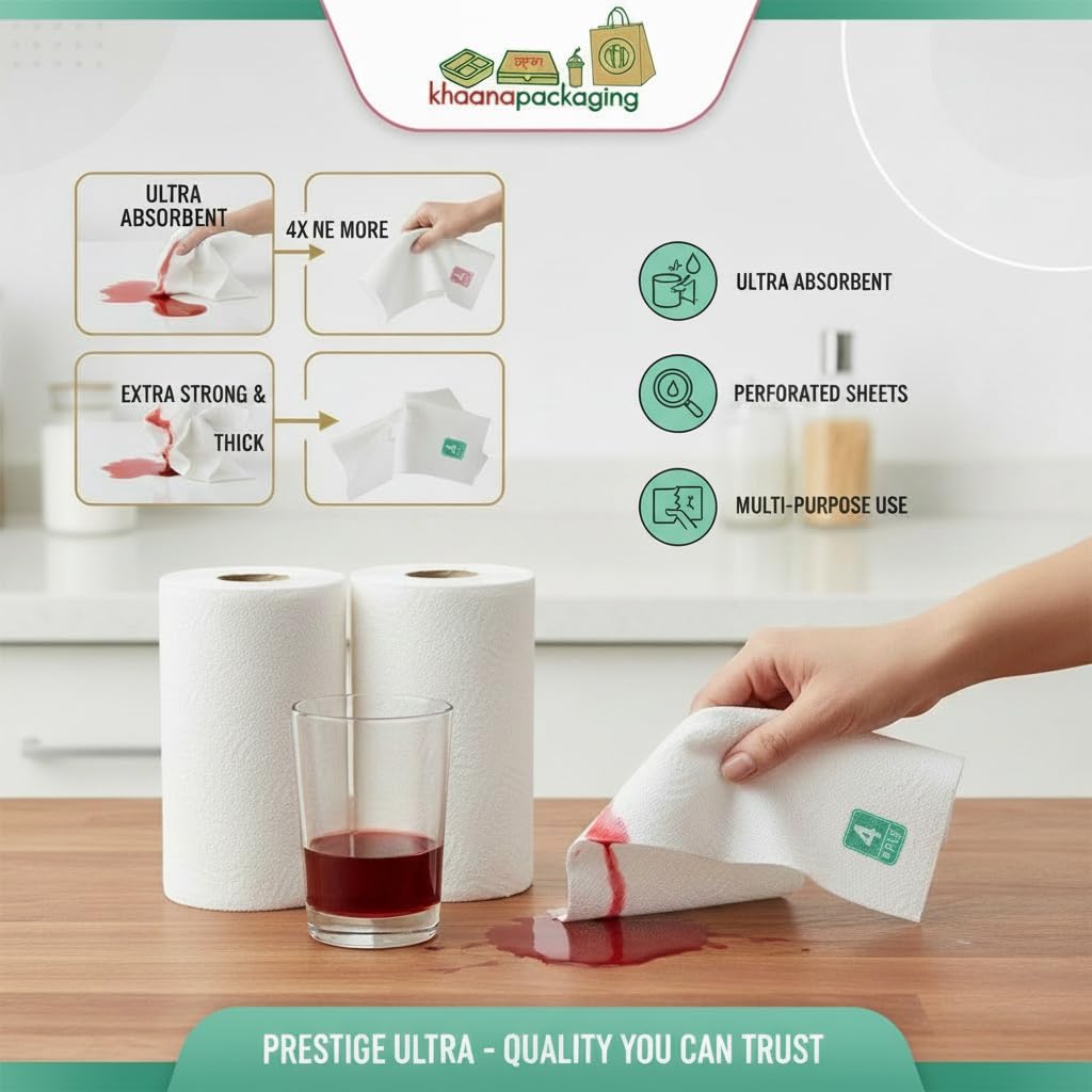 4 Ply Kitchen Tissue Rolls by Khaana Packaging – 120 Pulls (60 Towels x 2 Rolls)