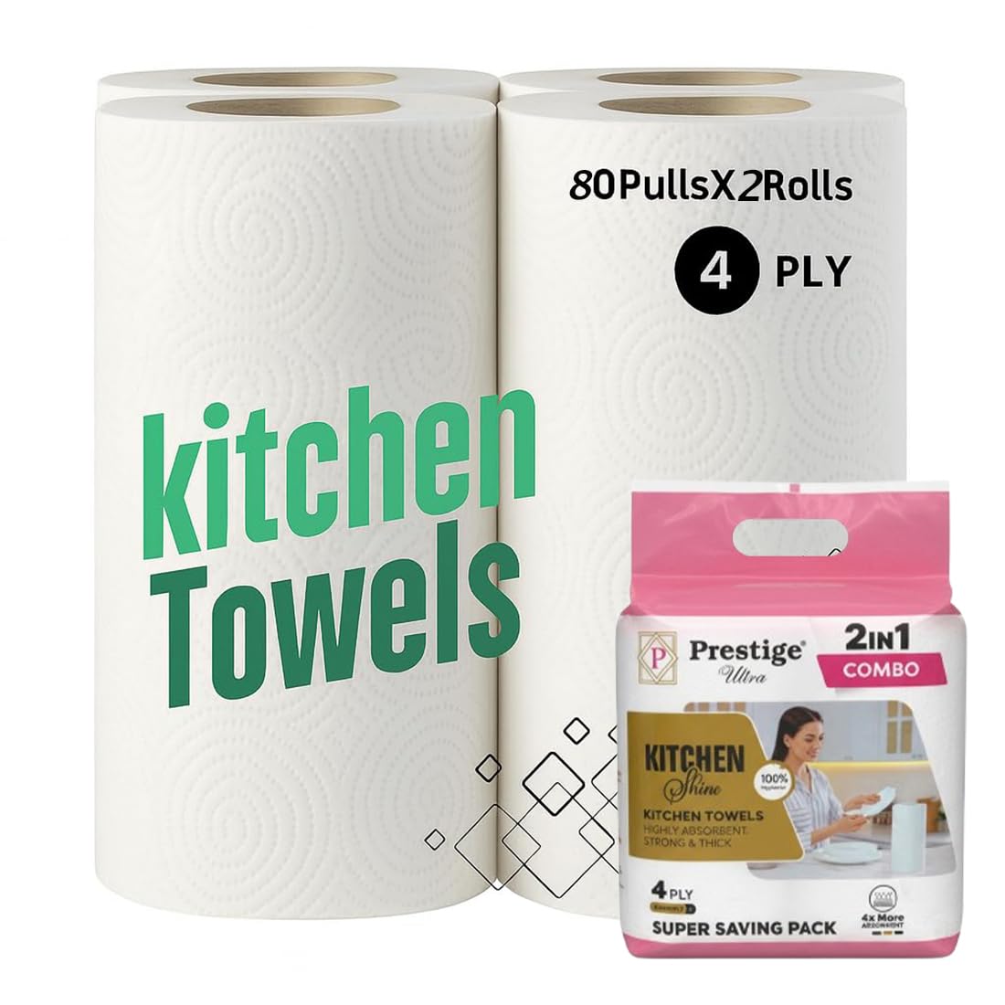 4 Ply Kitchen Tissue Rolls by Khaana Packaging – 120 Pulls (60 Towels x 2 Rolls)