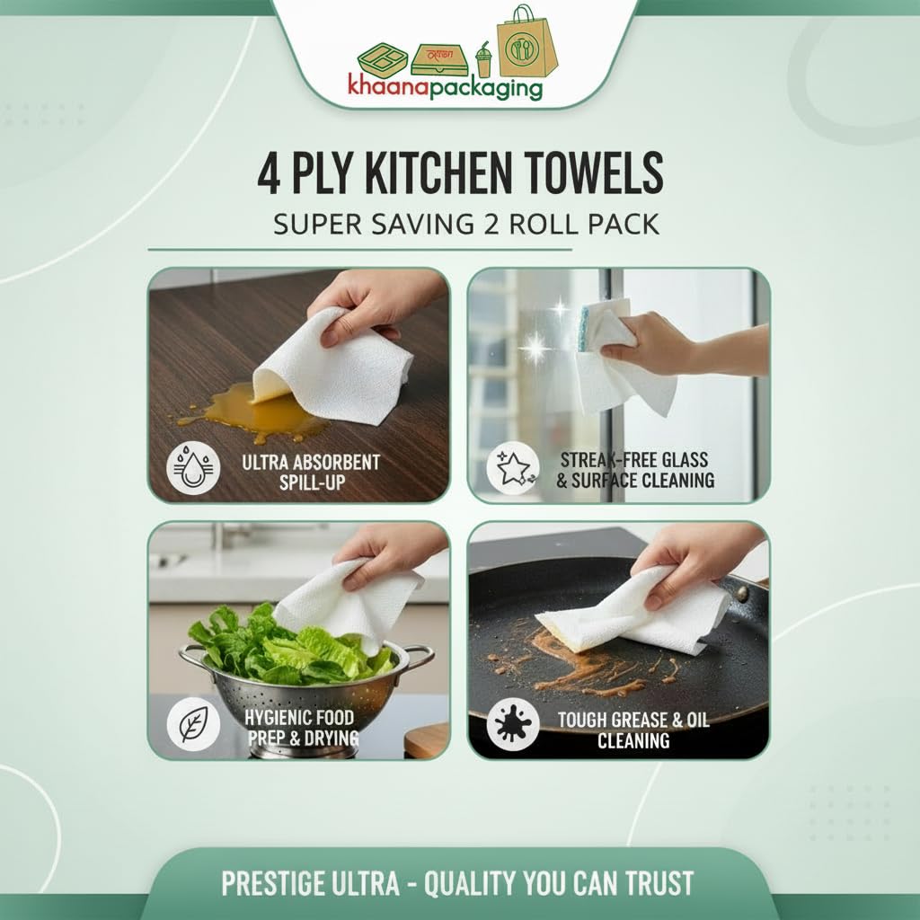 4 Ply Kitchen Tissue Rolls by Khaana Packaging – 120 Pulls (60 Towels x 2 Rolls)