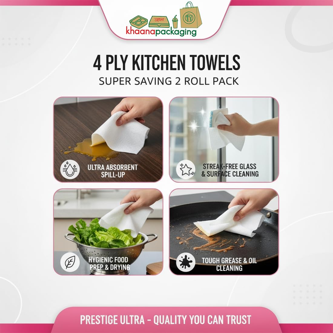 4 Ply Kitchen Tissue Rolls by Khaana Packaging – 120 Pulls (60 Towels x 2 Rolls)
