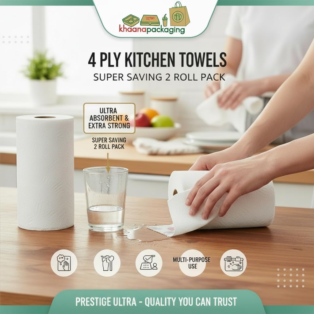 4 Ply Kitchen Tissue Rolls by Khaana Packaging – 120 Pulls (60 Towels x 2 Rolls)