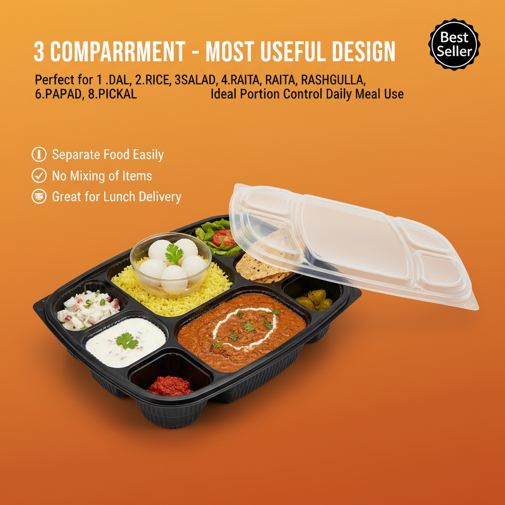 Microwave Safe Meal Tray with Lid  Compartments | Khaana Packaging