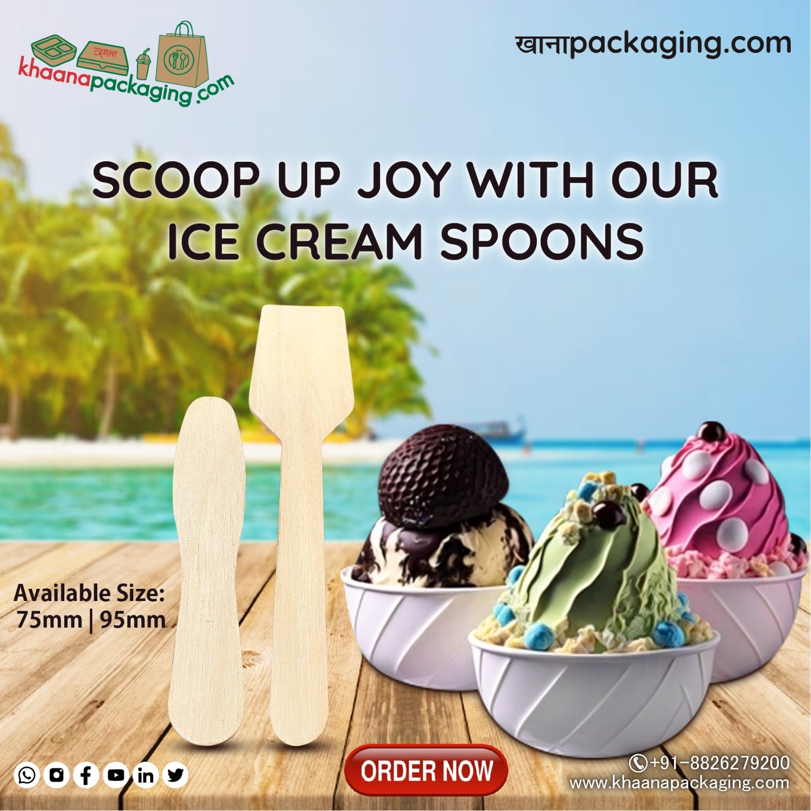 Disposable Wooden Spoon Square end 95 mm (Belcha) | Mini Taster Spoon | Ice Cream Spoon | Pastry | Eco Friendly and bio degradable