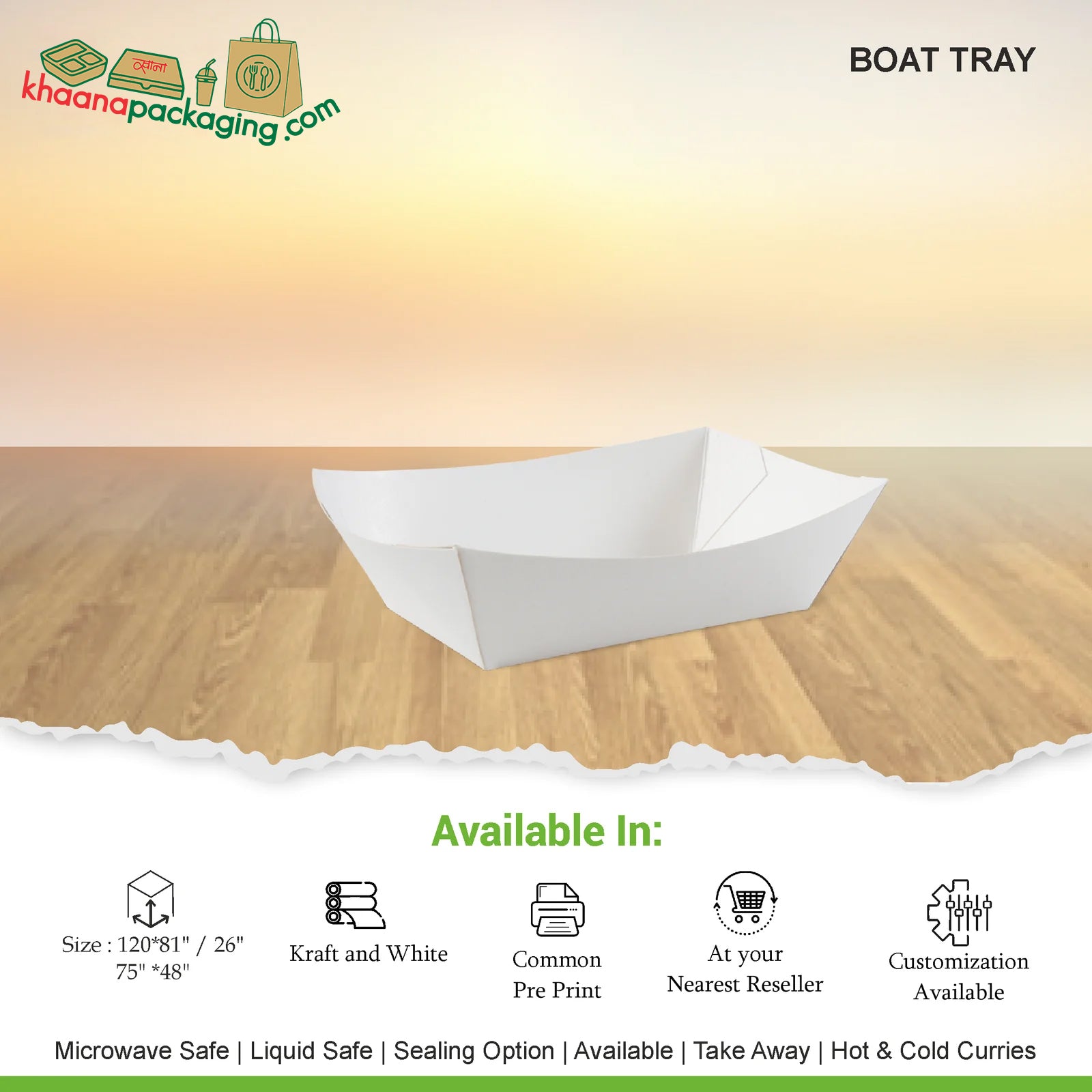 Heavy Duty Disposable Kraft Paper Food Boat Trays | Khaana Packaging