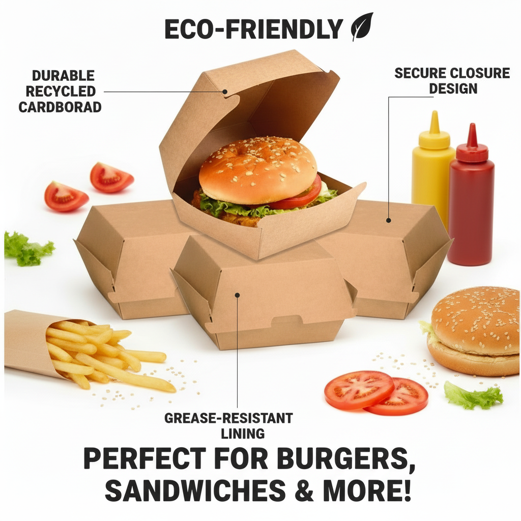 Disposable Kraft Clamshell Burger Box 4.25x4.25x3.5 inch | Khaana Packaging