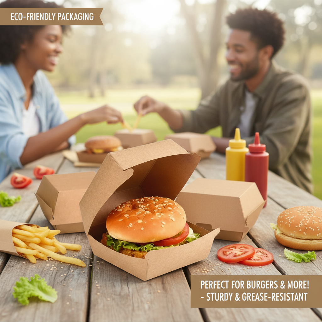 Disposable Kraft Clamshell Burger Box 4.25x4.25x3.5 inch | Khaana Packaging