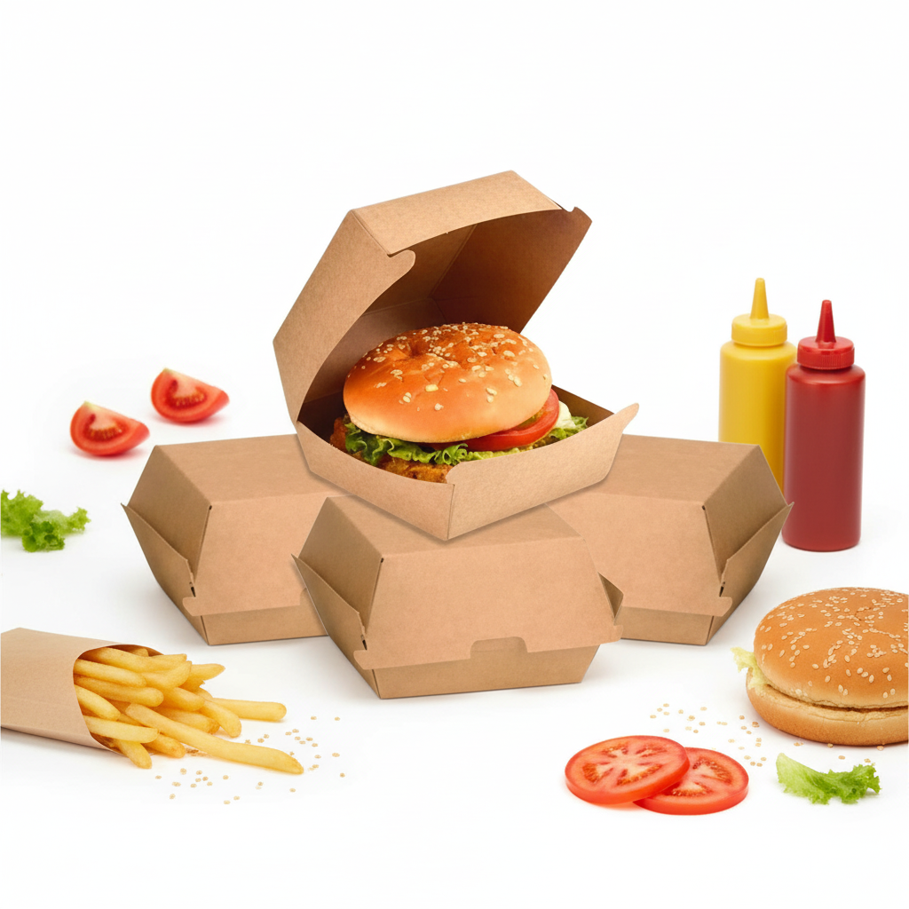 Disposable Kraft Clamshell Burger Box 4.25x4.25x3.5 inch | Khaana Packaging
