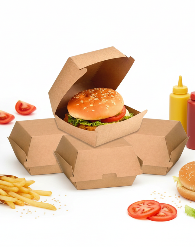 Disposable Kraft Clamshell Burger Box 4.25x4.25x3.5 inch | Khaana Packaging