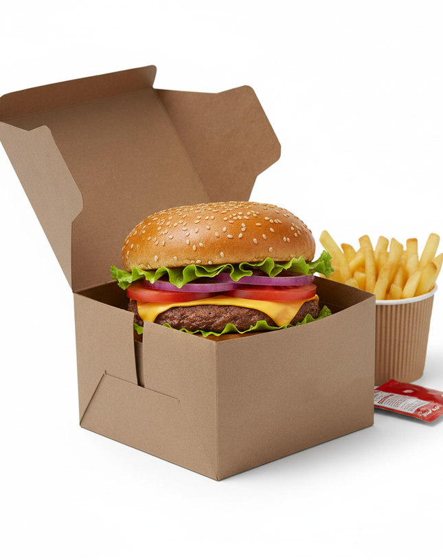 Kraft Paper Burger Box [4.5x4.5x3inch] – Disposable Germ-Free Takeaway Box | Khaana Packaging