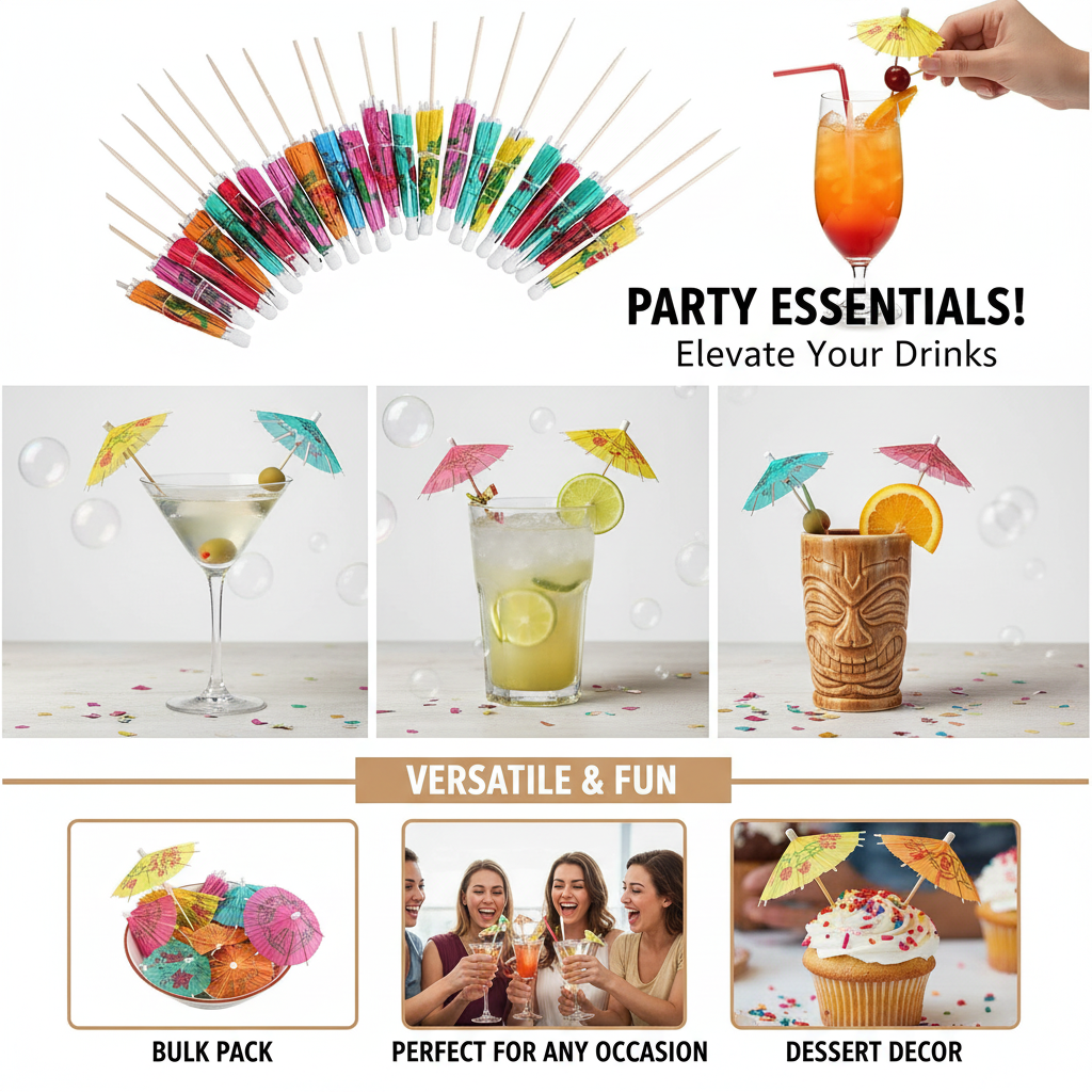 Cocktail Drink Umbrella Picks Toothpicks, Drink stirrers - Colorful Paper Hawaiian Toothpicks Cocktail Umbrellas for Drinks Kitty Party