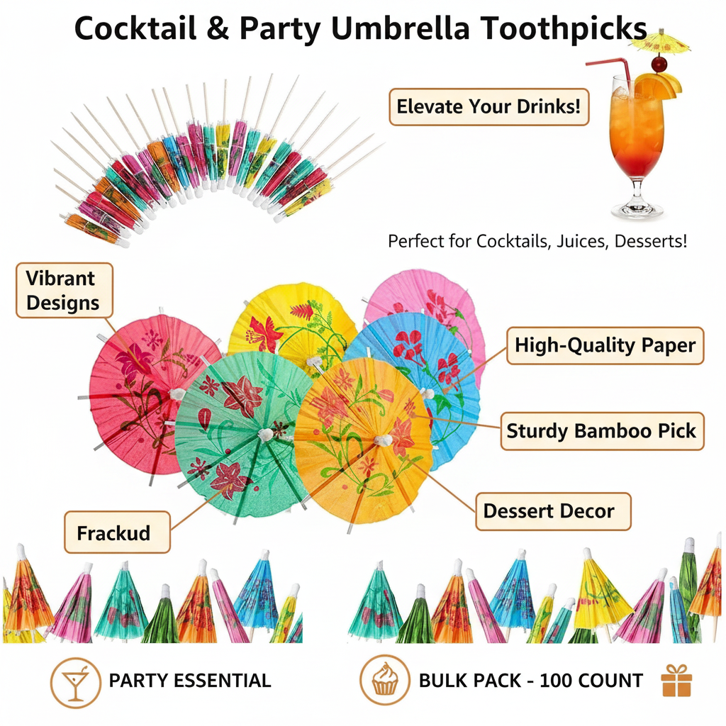 Cocktail Drink Umbrella Picks Toothpicks, Drink stirrers - Colorful Paper Hawaiian Toothpicks Cocktail Umbrellas for Drinks Kitty Party