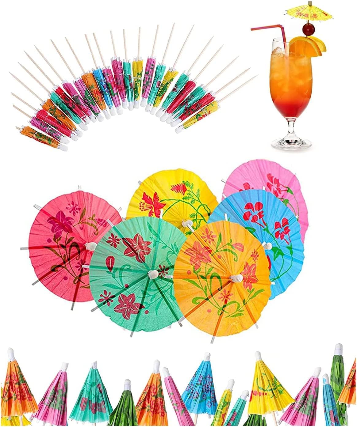 Cocktail Drink Umbrella Picks Toothpicks, Drink stirrers - Colorful Paper Hawaiian Toothpicks Cocktail Umbrellas for Drinks Kitty Party